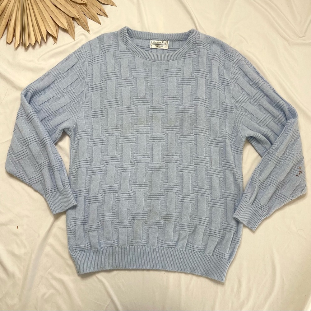 Vintage Christian Dior Light Pastel Blue Textured 3D Knit Crew Neck Sweater